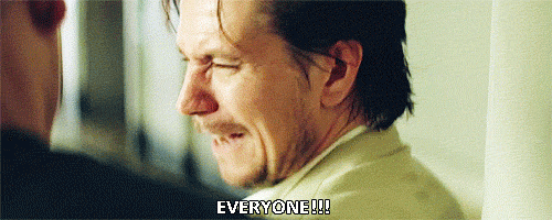 A scene from the movie Leon where Stansfield is yelling EVERYONE!